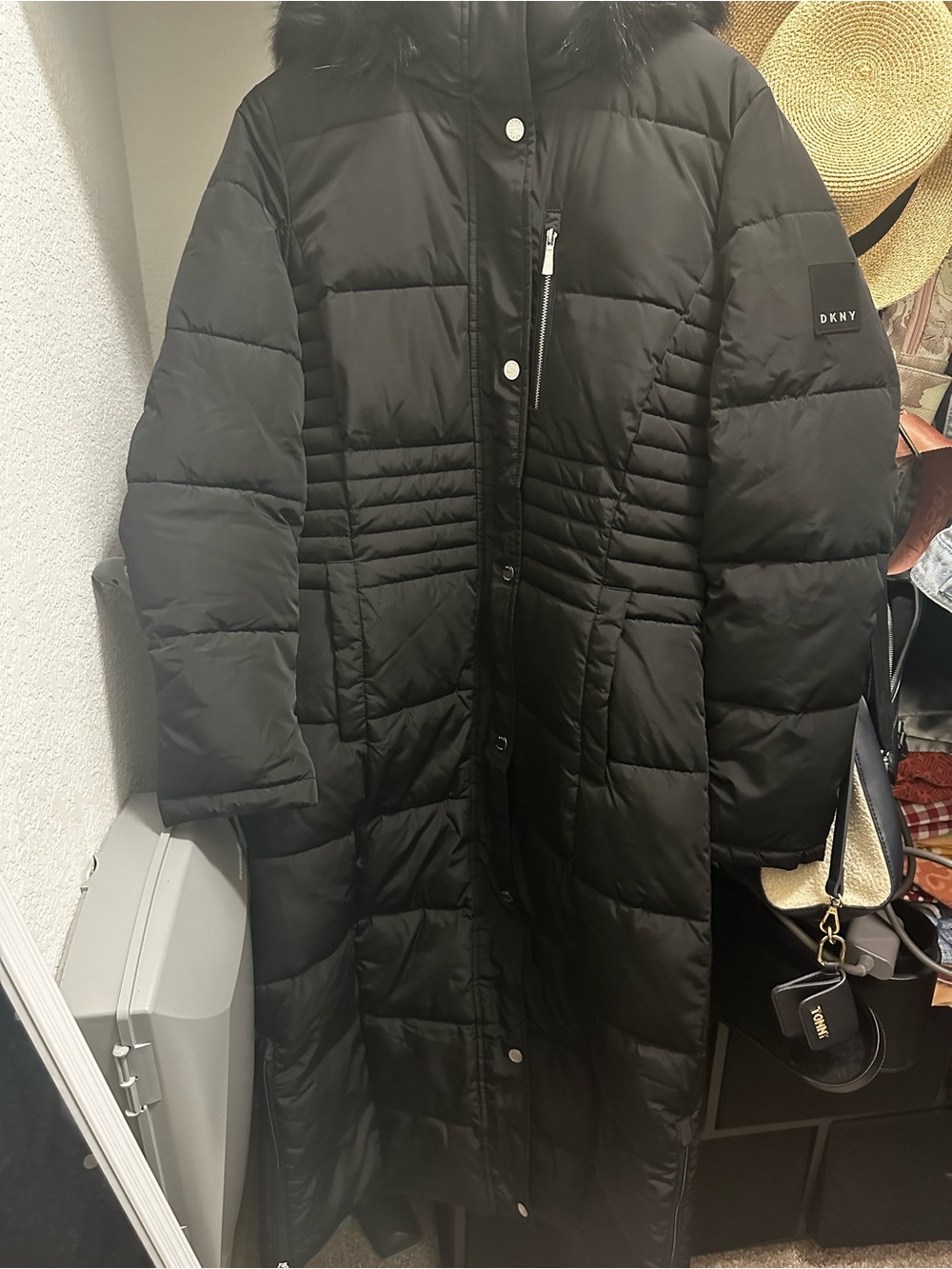 DKNY Black Long Quilted Puffer Coat with Faux Fur Hood